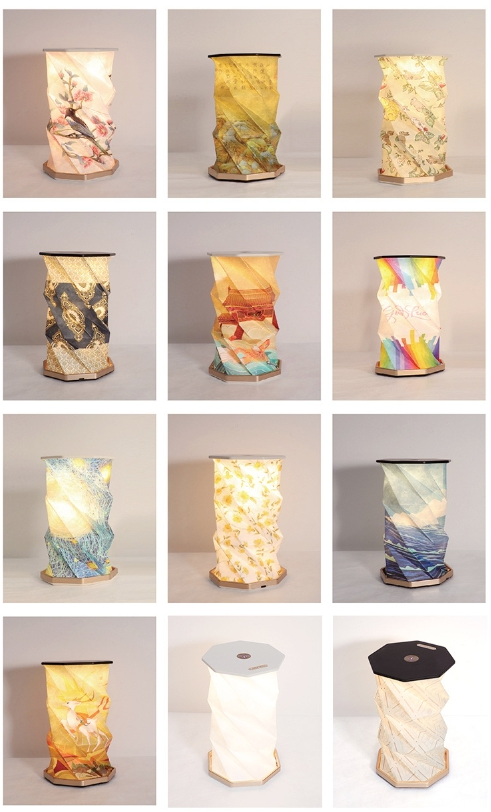 Grid of various paper lanterns with different designs and colors.