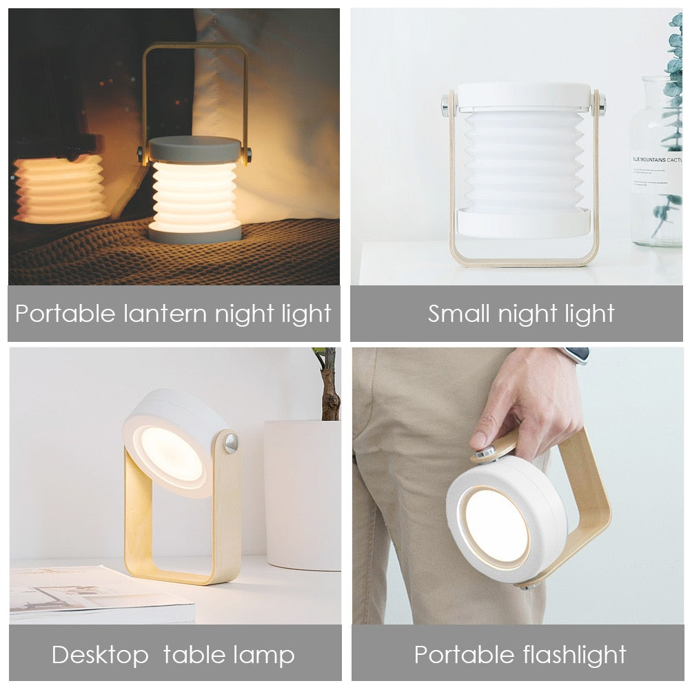 Collage of different types of night lights including a portable lantern, small night light, desktop table lamp, and portable flashlight.