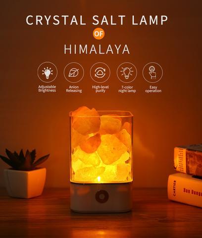 Crystal salt lamp with features listed on a warm-toned background