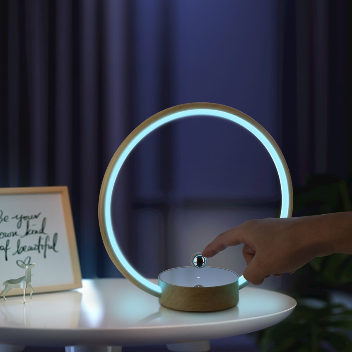 Neon light fixture on a table with a blurred background