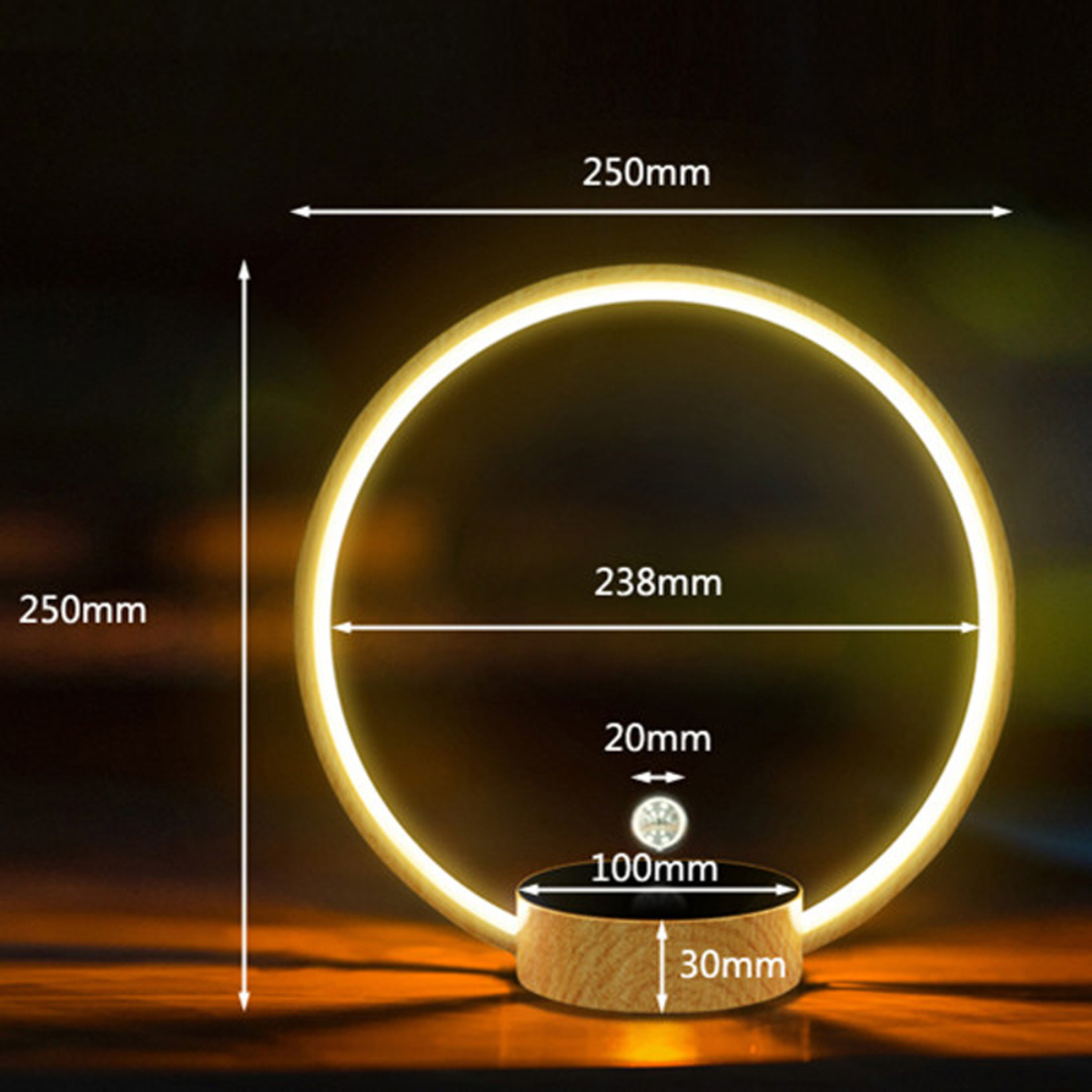 Neon light ring with measurements on a dark background