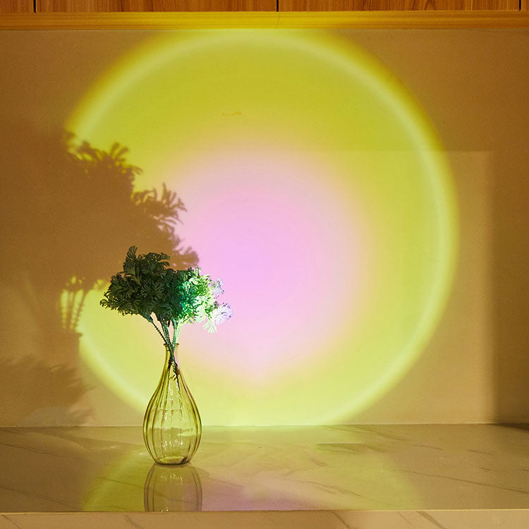 Vase with greenery on a reflective surface with colorful circular light projection on the wall.