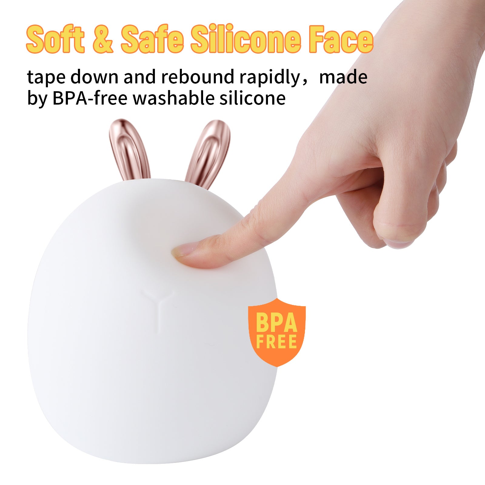 Silicone product with rabbit ears being pressed by a hand, BPA-free label visible