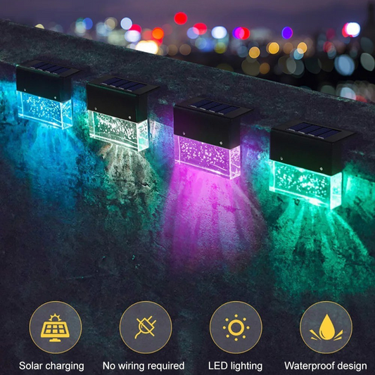 Solar-powered outdoor lights emitting colorful lights on a wall with city lights in the background.