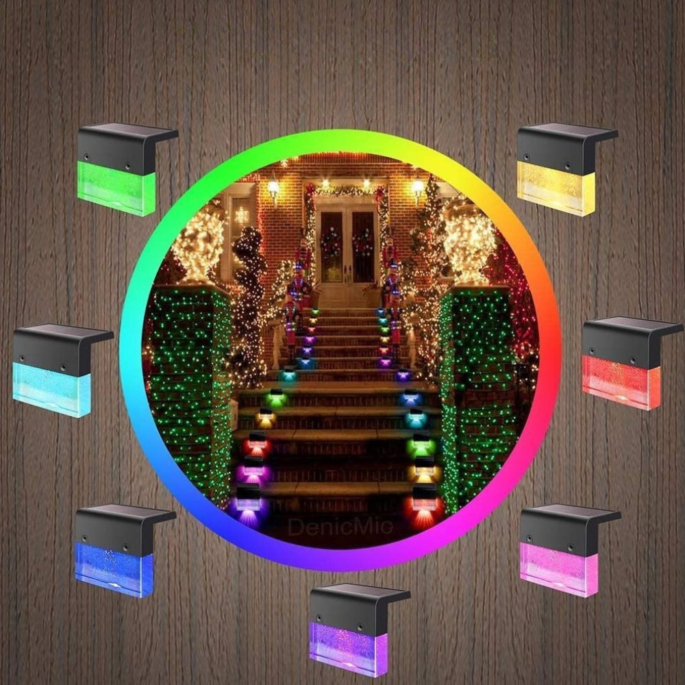 Colorful outdoor lights on a wooden background with a circular inset showing a decorated staircase.