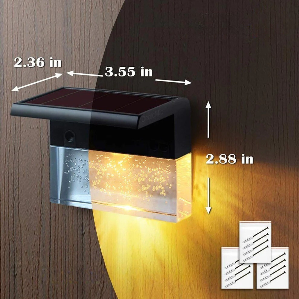 Solar wall light fixture with dimensions labeled on a wooden background