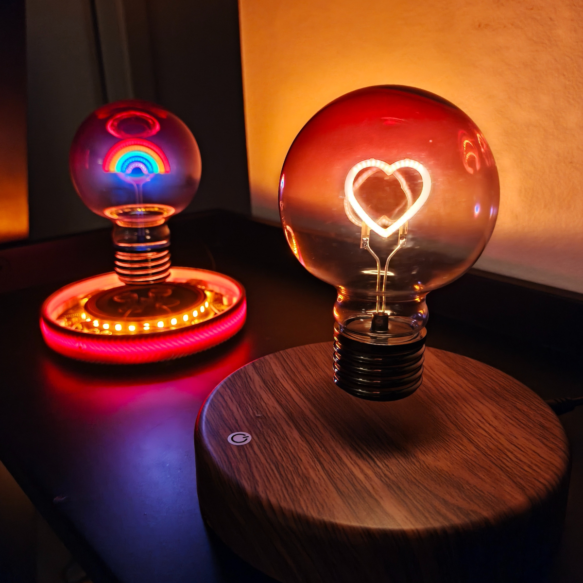 Levitating Heart Shaped Filament Light Bulb Floating Above Glowing LED Base