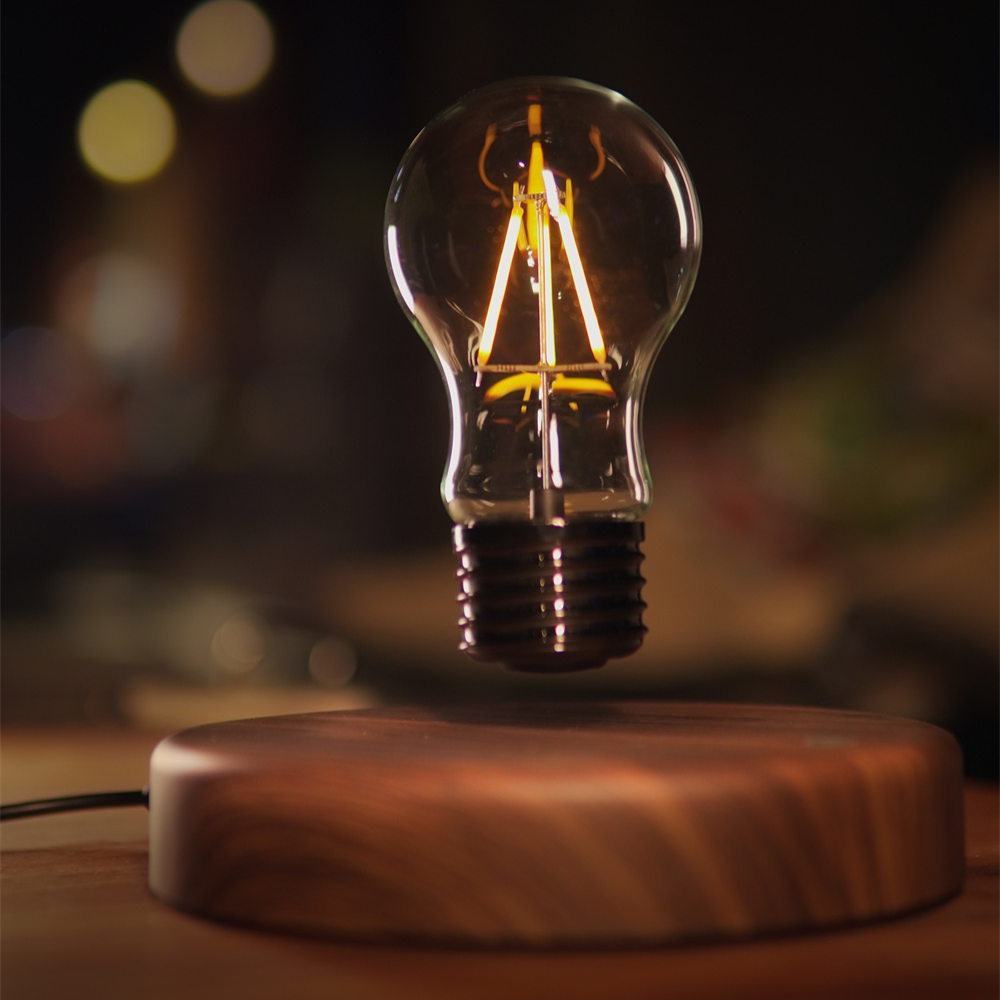 Light bulb on a wooden base with a blurred background