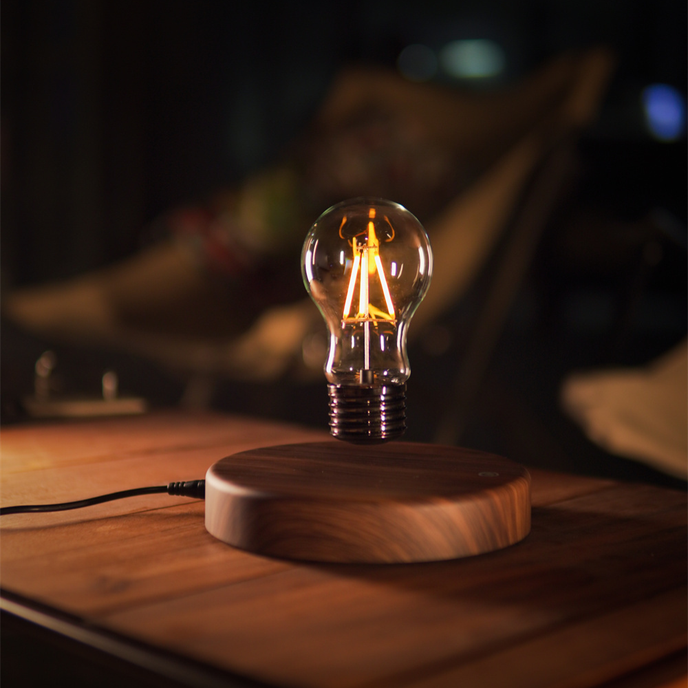 Light bulb on a wooden base in a dark setting